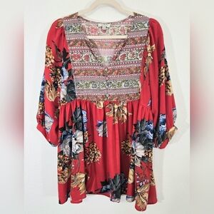 Umgee Red Mixed Patterned Floral Balloon Sleeves Tunic Top/Dress Boho Artsy, M